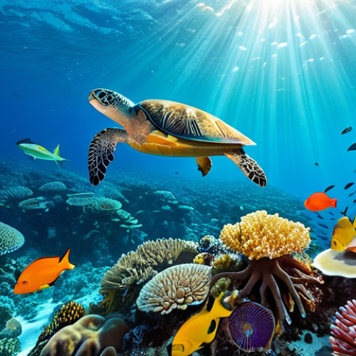 Home 11 A breathtaking underwater scene showcasing a vibrant coral reef teeming with diverse marine life. Crystal-clear turquoise waters of the Indian Ocean, sunlight filtering through the surface illuminating the intricate coral formations. Schools of colorful tropical fish swim amongst anemones, with a majestic sea turtle gracefully gliding in the background. The ecosystem appears pristine and untouched. Professional underwater photography, high resolution, rich vivid colors, perfect anatomy, natural forms, safe for work, appropriate content, family-friendly.