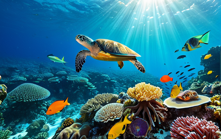A breathtaking underwater scene showcasing a vibrant coral reef teeming with diverse marine life. Crystal-clear turquoise waters of the Indian Ocean, sunlight filtering through the surface illuminating the intricate coral formations. Schools of colorful tropical fish swim amongst anemones, with a majestic sea turtle gracefully gliding in the background. The ecosystem appears pristine and untouched. Professional underwater photography, high resolution, rich vivid colors, perfect anatomy, natural forms, safe for work, appropriate content, family-friendly.