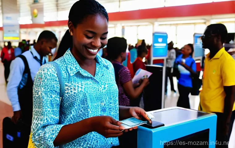 모잠비크에서 국제 전화 및 인터넷 사용법 - **Prompt:** A dynamic scene inside the arrivals hall of Maputo International Airport, Mozambique. A ...