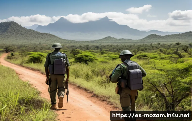 모잠비크와 짐바브웨의 관계 - A detailed scene of joint border security patrols between Mozambique and Zimbabwe in a rugged, remot...