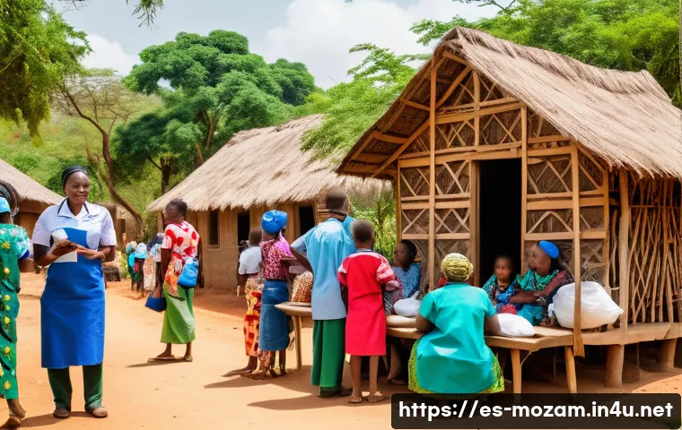모잠비크 말라리아 예방접종 - A vibrant rural Mozambican village health outreach scene under bright daylight, showing a group of h...