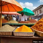 모잠비크에서의 로컬 푸드 체험 - A vibrant street food scene in Mozambique featuring a colorful stall selling freshly fried chamu&ccedil;as ...