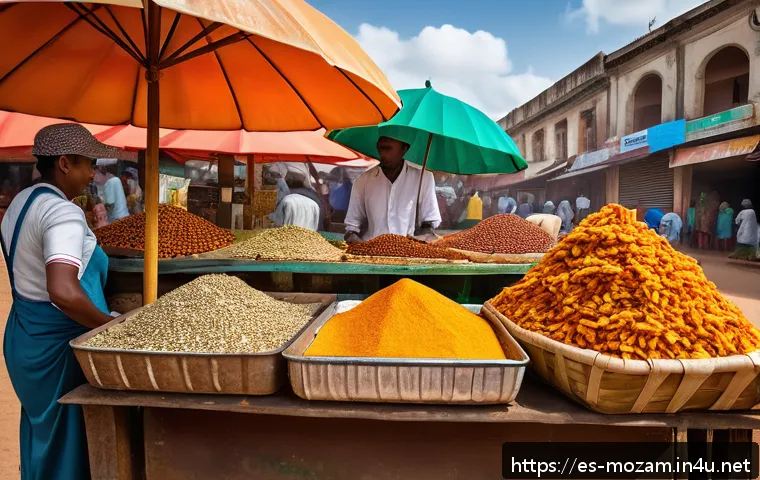 모잠비크에서의 로컬 푸드 체험 - A vibrant street food scene in Mozambique featuring a colorful stall selling freshly fried chamu&ccedil;as ...