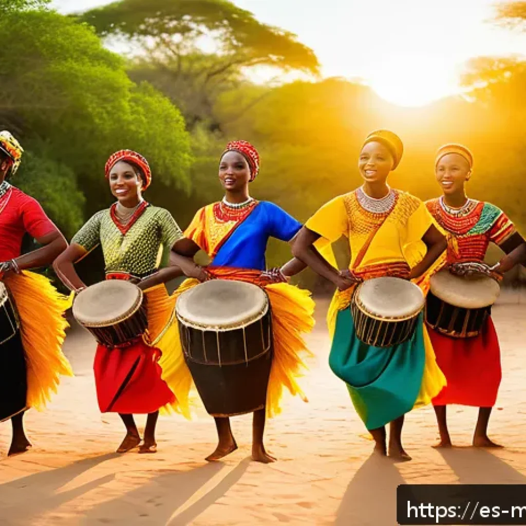 모잠비크 전통 춤 마쿠아 - A vibrant traditional Mozambican dance scene set outdoors in a lush natural environment, featuring a...