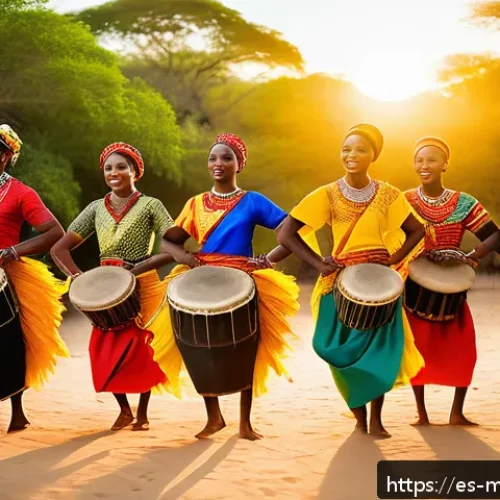 모잠비크 전통 춤 마쿠아 - A vibrant traditional Mozambican dance scene set outdoors in a lush natural environment, featuring a...