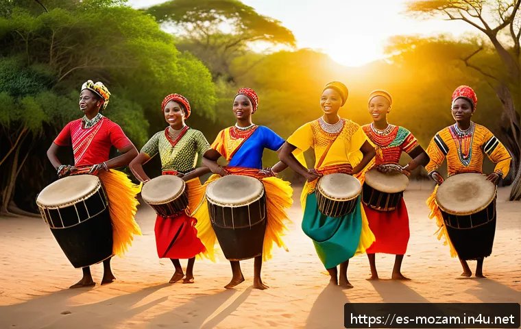 모잠비크 전통 춤 마쿠아 - A vibrant traditional Mozambican dance scene set outdoors in a lush natural environment, featuring a...