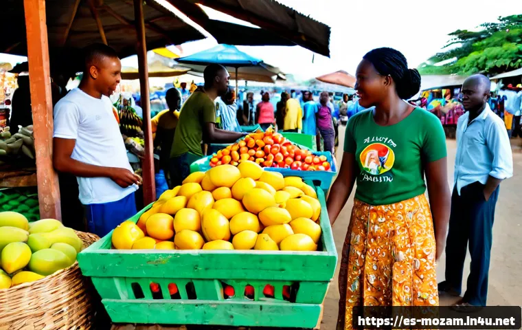 모잠비크 로컬 시장 방문기 - Photorealistic morning visit to a lively local market in Maputo, Mozambique, wide eye-level composit...