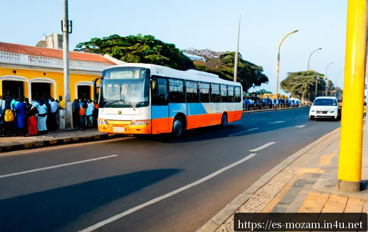 모잠비크의 대중교통 안전 수준 - Photorealistic morning scene in Maputo, Mozambique, showing a well-maintained city bus stopped safel...