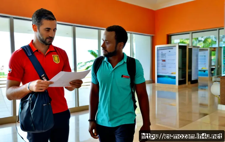 모잠비크 여행 주의사항 - Photorealistic travel safety scene in Mozambique, a Spanish-speaking couple at a bright hotel recept...